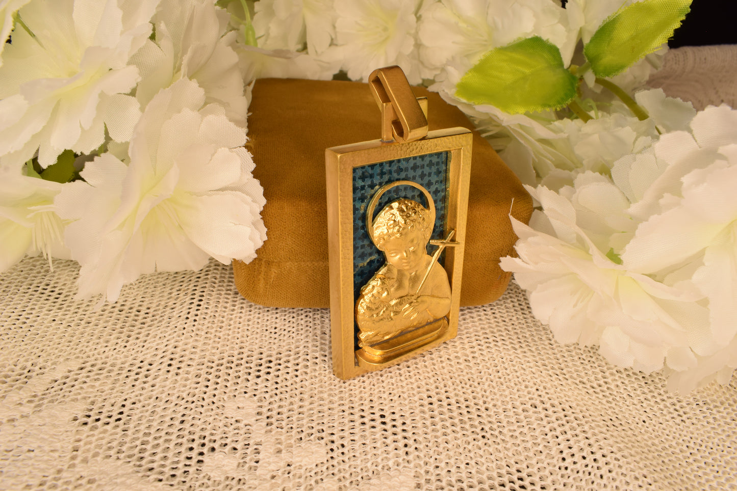 Art Deco Augis Gold Plated Religious Medal, Good Shepherd Child Jesus Lamb Pendant, French Vintage Blue Enamel, Signed Antique Jewelry