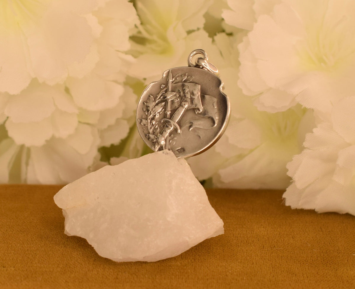Antique Joan of Arc Solid Silver Medal Signed Becker – French Art Nouveau Religious Pendant – Early 1900s