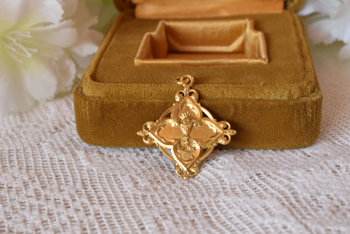 Antique French Vermeil Communion Medal, Silver Gilt Chalice & Host Pendant, Fleur-de-Lys Openwork Religious Medal