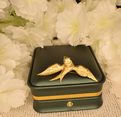 Vintage Swallow Bird Brooch, 24K Gold Plated, Rhinestone Eyes, Signed Fix, Antique French Jewelry, Bird Brooch with Spread Wings