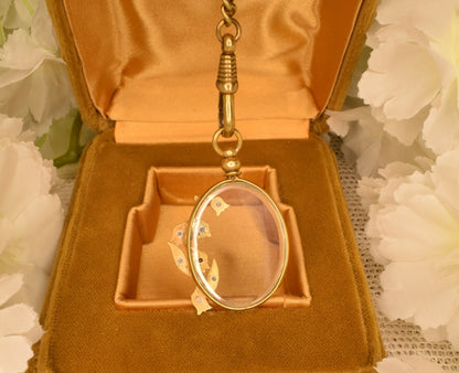 Antique Gold Plated Photo Locket Art Nouveau Lily of the Valley Circa 1900 Oval Pendant Beveled Glass Rhinestones Keepsake Jewelry
