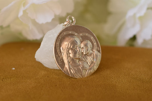 Antique Sterling Silver Madonna and Child Medal Signed KARO – French Religious Pendant with Lily, 25mm