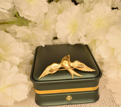 Vintage Swallow Bird Brooch, 24K Gold Plated, Rhinestone Eyes, Signed Fix, Antique French Jewelry, Bird Brooch with Spread Wings