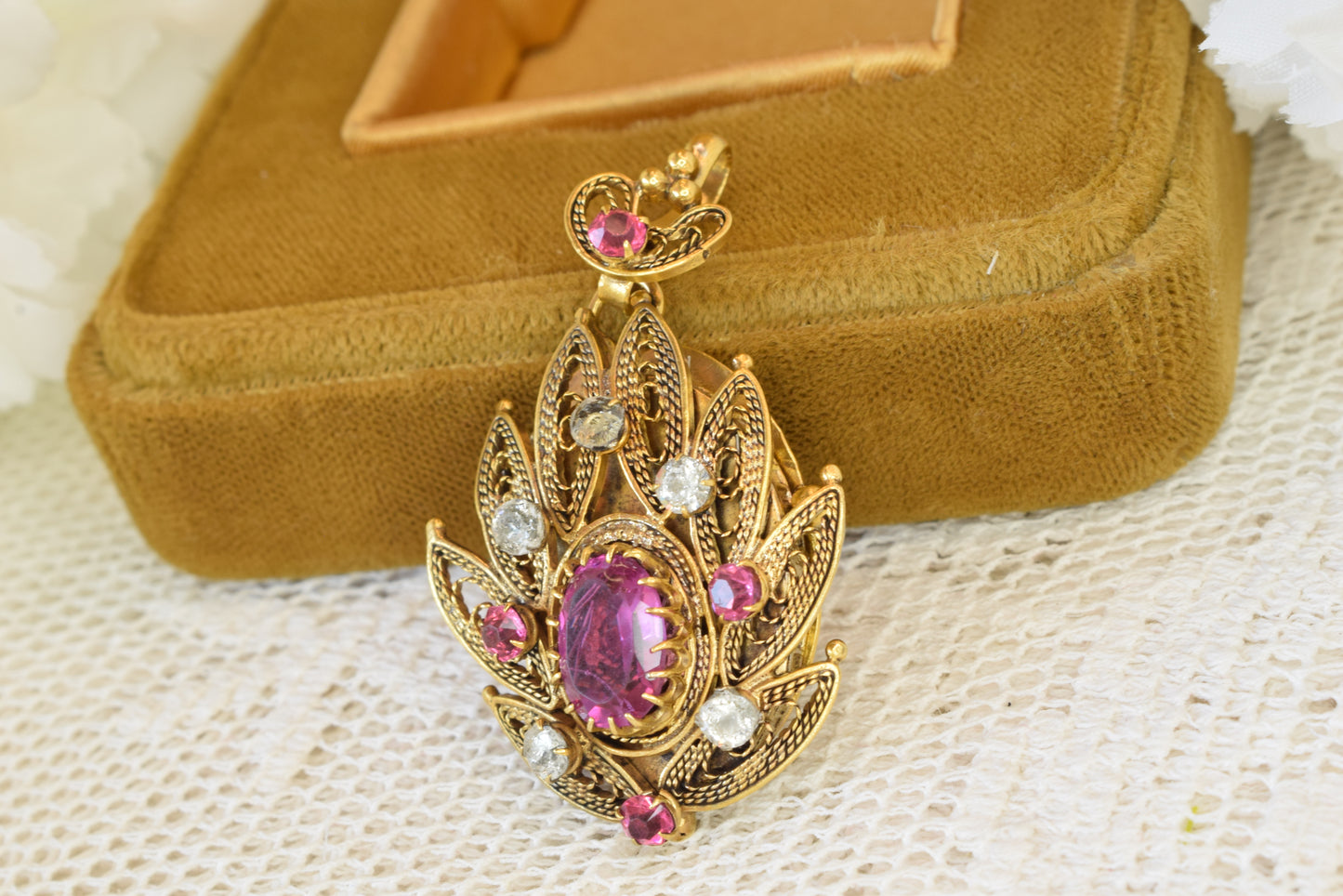 Antique 19th Century Gold Plated Filigree Pendant Brooch, Cannetille Lotus Design, Pink Faceted Glass Paste, Convertible Locket, Victorian Jewelry