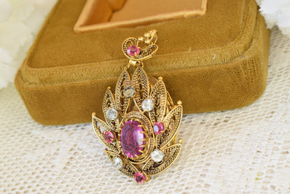 Antique 19th Century Gold Plated Filigree Pendant Brooch, Cannetille Lotus Design, Pink Faceted Glass Paste, Convertible Locket, Victorian Jewelry