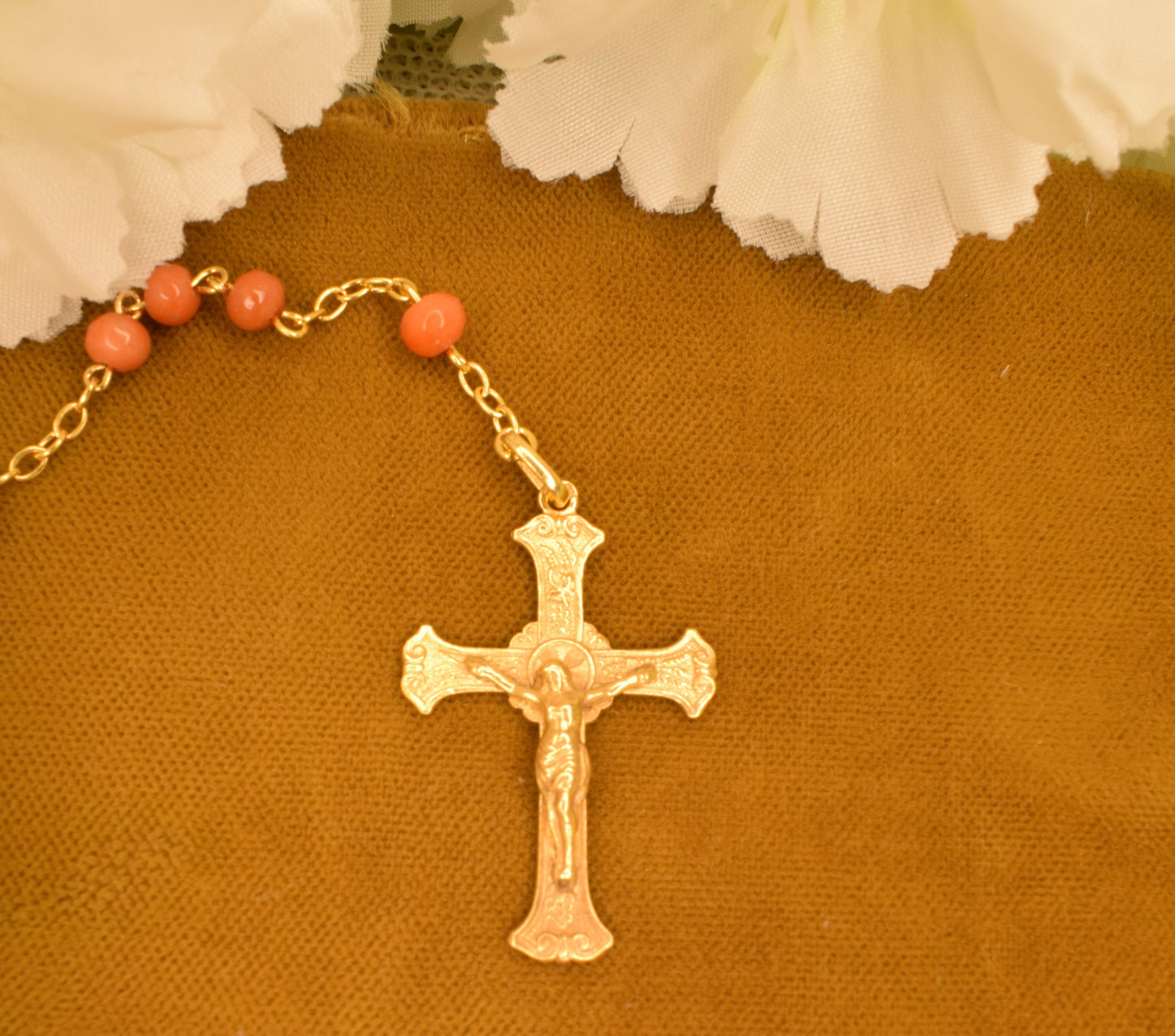 Antique Silver Vermeil Rosary Hallmarked Coral Beads - 19th Century French Religious Chapelet with Cross and Marian Medal - Antique Devotional Jewelry