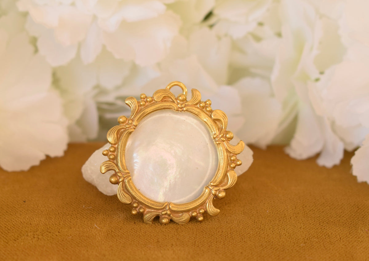 Antique ORIA Gold Filled Photo Locket – Mother of Pearl & Domed Glass – Signed French Keepsake Pendant
