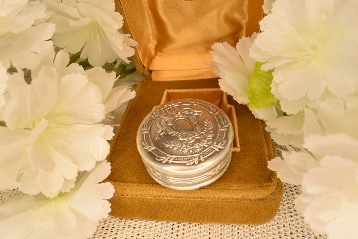 Antique French Sterling Silver Pendant Box, Vermeil Interior, Laurel Wreath, Belle Époque Locket Pill Box, Engravable Cartouche, 35mm