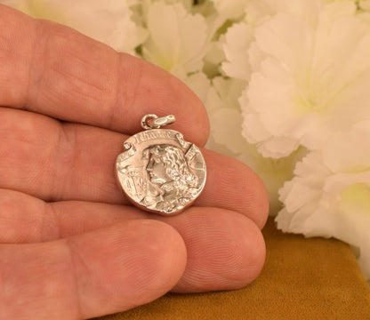 Antique Joan of Arc Solid Silver Medal Signed Becker – French Art Nouveau Religious Pendant – Early 1900s