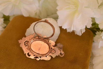 Antique Napoleon III Photo Locket Pendant Rose Gold Plated Hand-Painted Porcelain Flowers Victorian Necklace Circa 1880