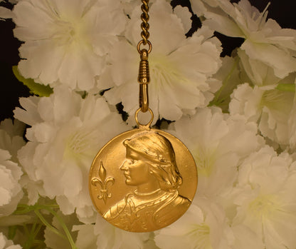 Antique Joan of Arc Medal Gilt Bronze 24K Gold Plated Pendant Art Nouveau Fleur de Lys French Equestrian Medallion Collectible