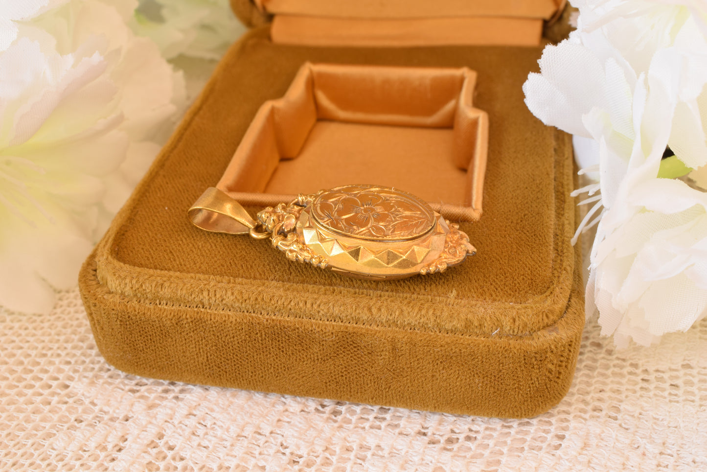 Antique Victorian Style Oval Locket Pendant, Gold Plated Floral Engraved Photo Locket, Ornate Crown Bail Diamond Cut