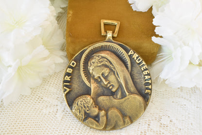 Antique French Bronze Medal Virgin and Child by Elie Pellegrin - Virgo Protegat Te - Vintage Religious Medallion