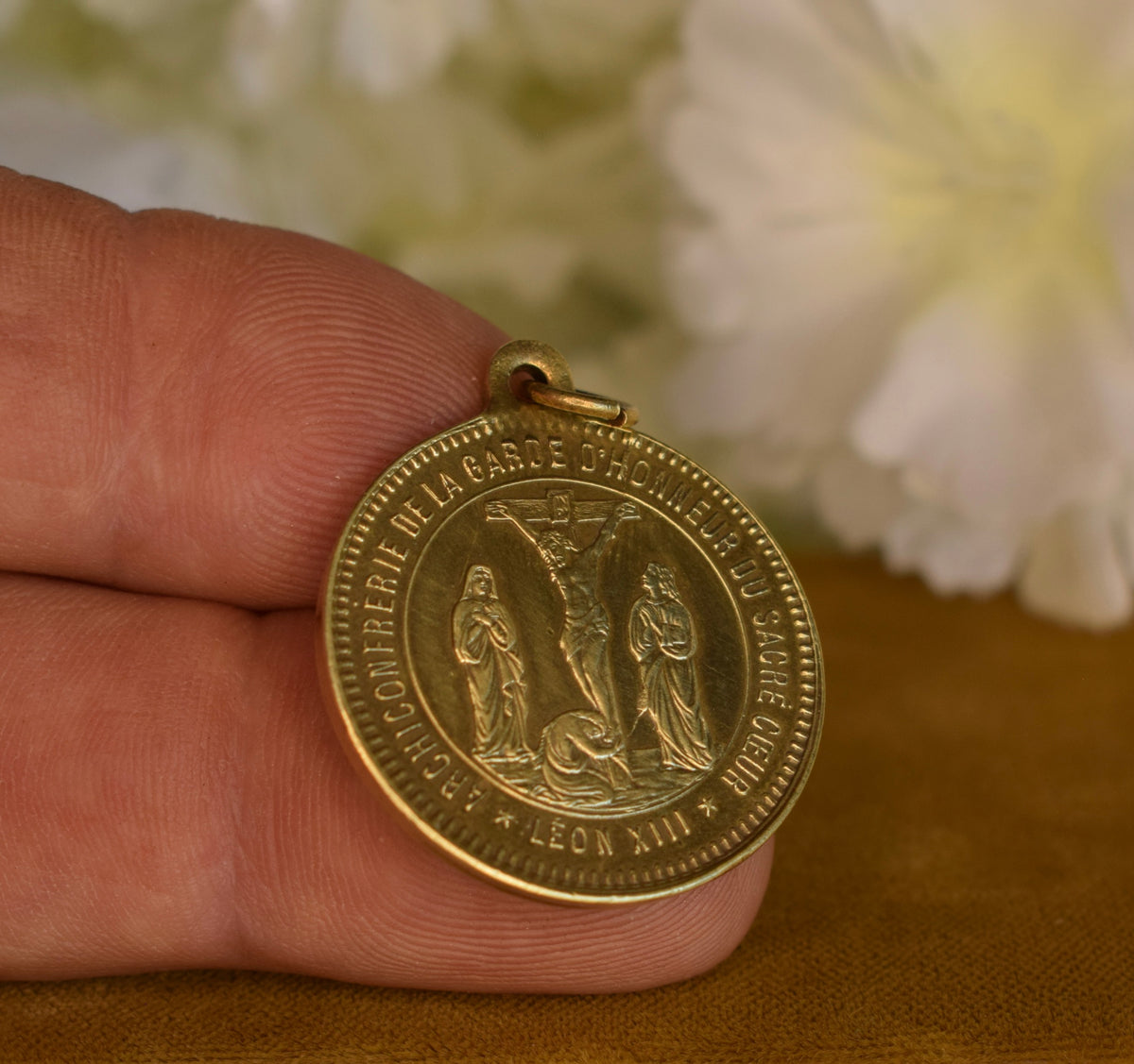 Antique Bronze Religious Medal ✦ Sacred Heart, Virgin Mary, St John & Mary Magdalene ✦ Pope Leo XIII ✦ Guard of Honor ✦ Signed Penin Lyon 19th C