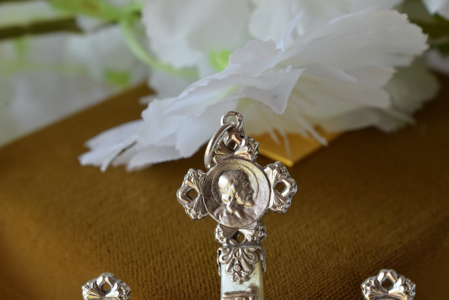 Antique French Silver Mother of Pearl Cross Pendant, Weevil "Charançon" Hallmark 800 Silver, Religious Crucifix with Christ & Virgin Mary Medallions, Belle Époque Mission Cross