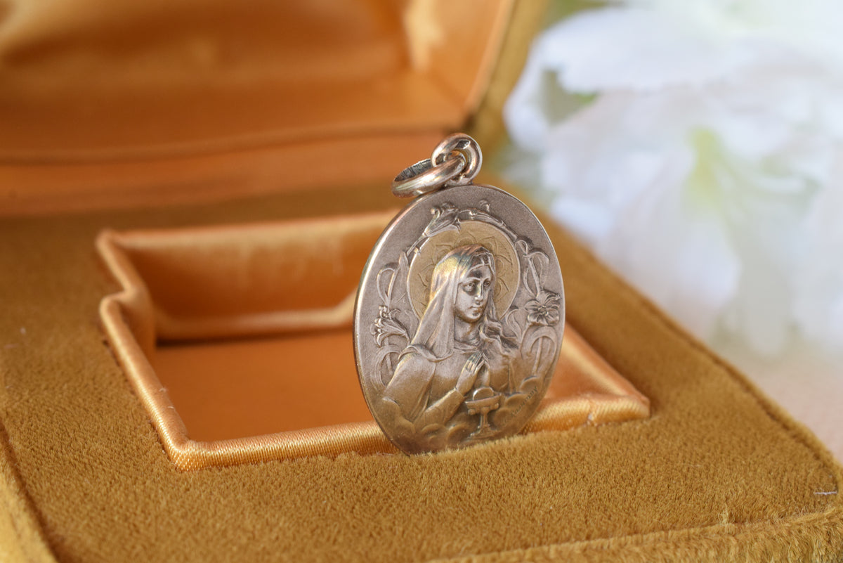Antique French Silver Communion Medal Signed F. Rasumny Art Nouveau 1900s Religious Pendant Solid Silver 800 Rare Collectible