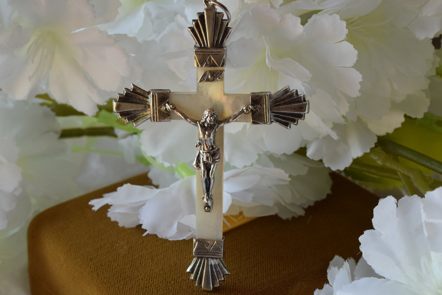 Antique French Sterling Silver Crucifix Pendant, Art Deco Cross with Mother of Pearl & Charançon Hallmark, Vintage Religious Jewelry