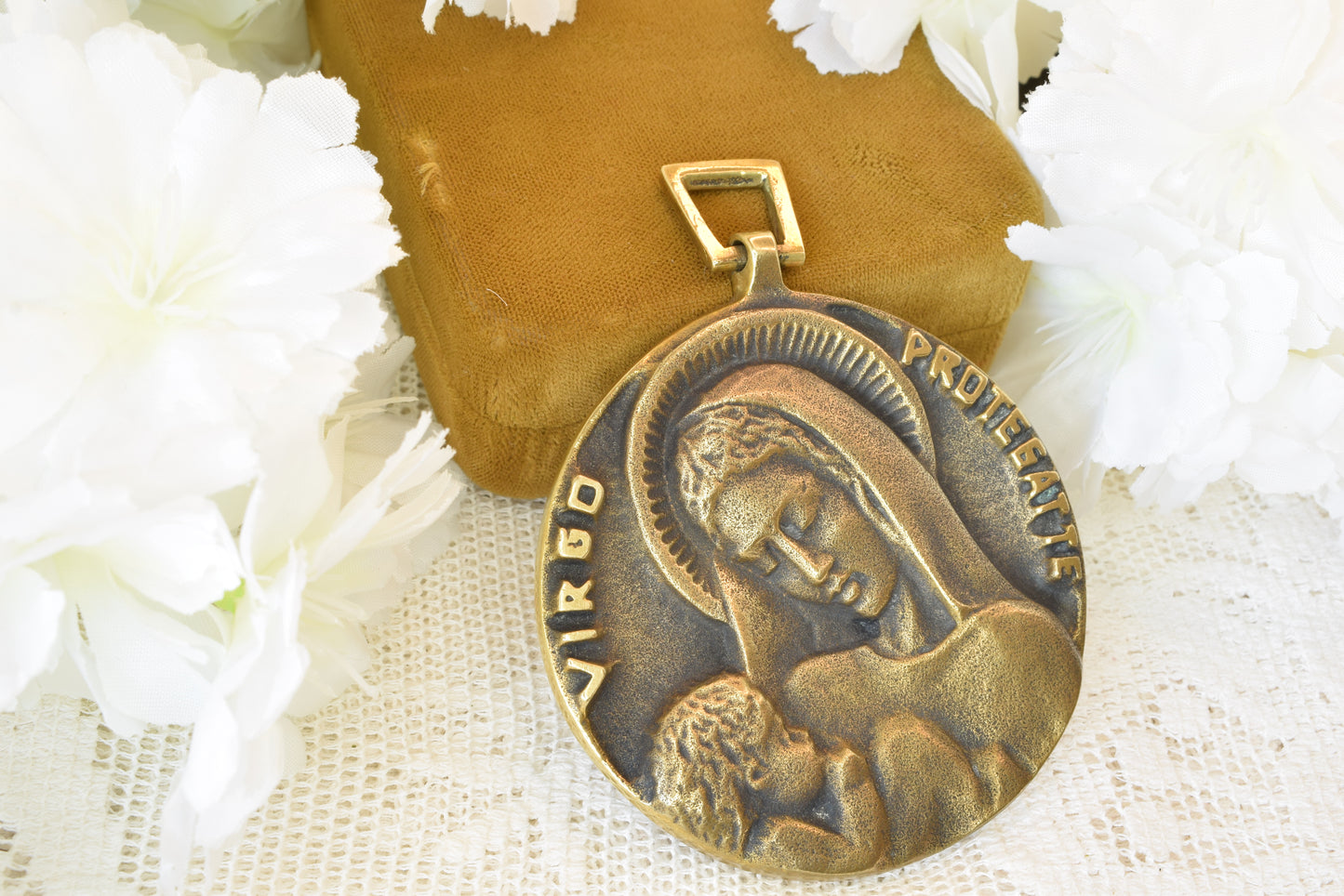 Antique French Bronze Medal Virgin and Child by Elie Pellegrin - Virgo Protegat Te - Vintage Religious Medallion