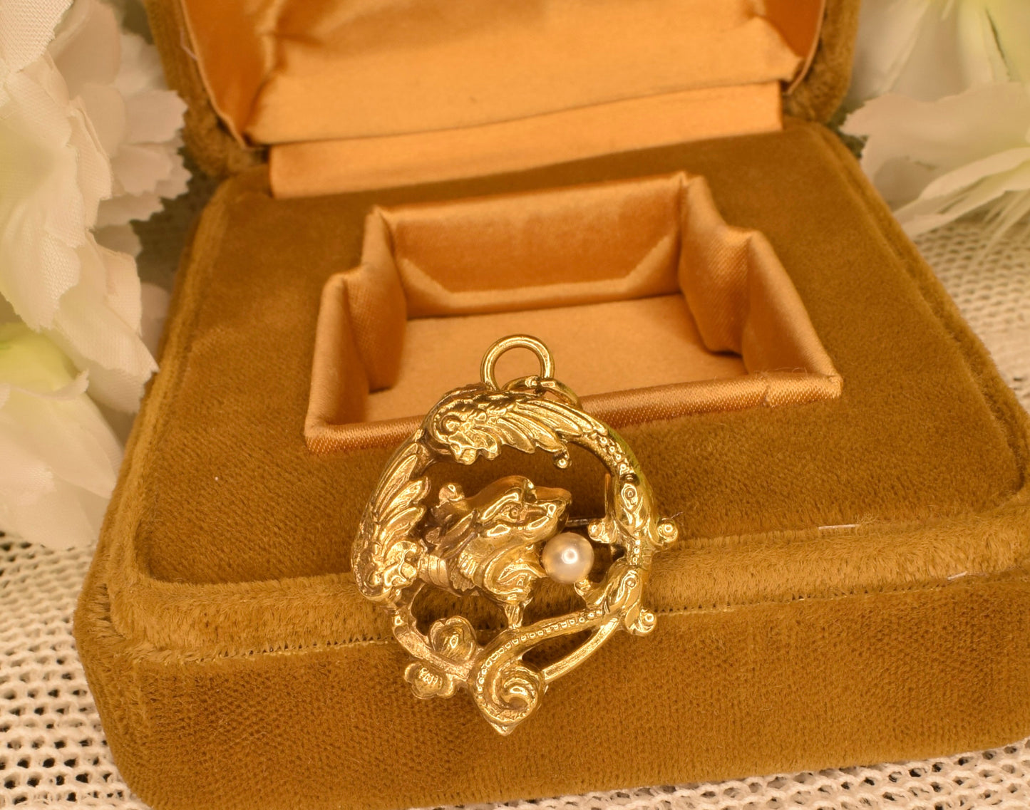 Antique Chimera Brooch Pendant, 24K Gold Plated, Pearl, Art Nouveau Style Vintage Jewelry