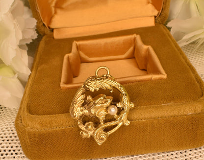Antique Chimera Brooch Pendant, 24K Gold Plated, Pearl, Art Nouveau Style Vintage Jewelry