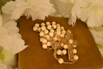 Antique 19th Century Silver Gilt Rosary, Filigree Cross & Heart, 5mm Beads, Religious Vermeil Jewelry