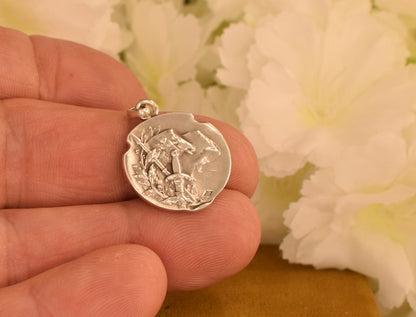 Antique Joan of Arc Solid Silver Medal Signed Becker – French Art Nouveau Religious Pendant – Early 1900s