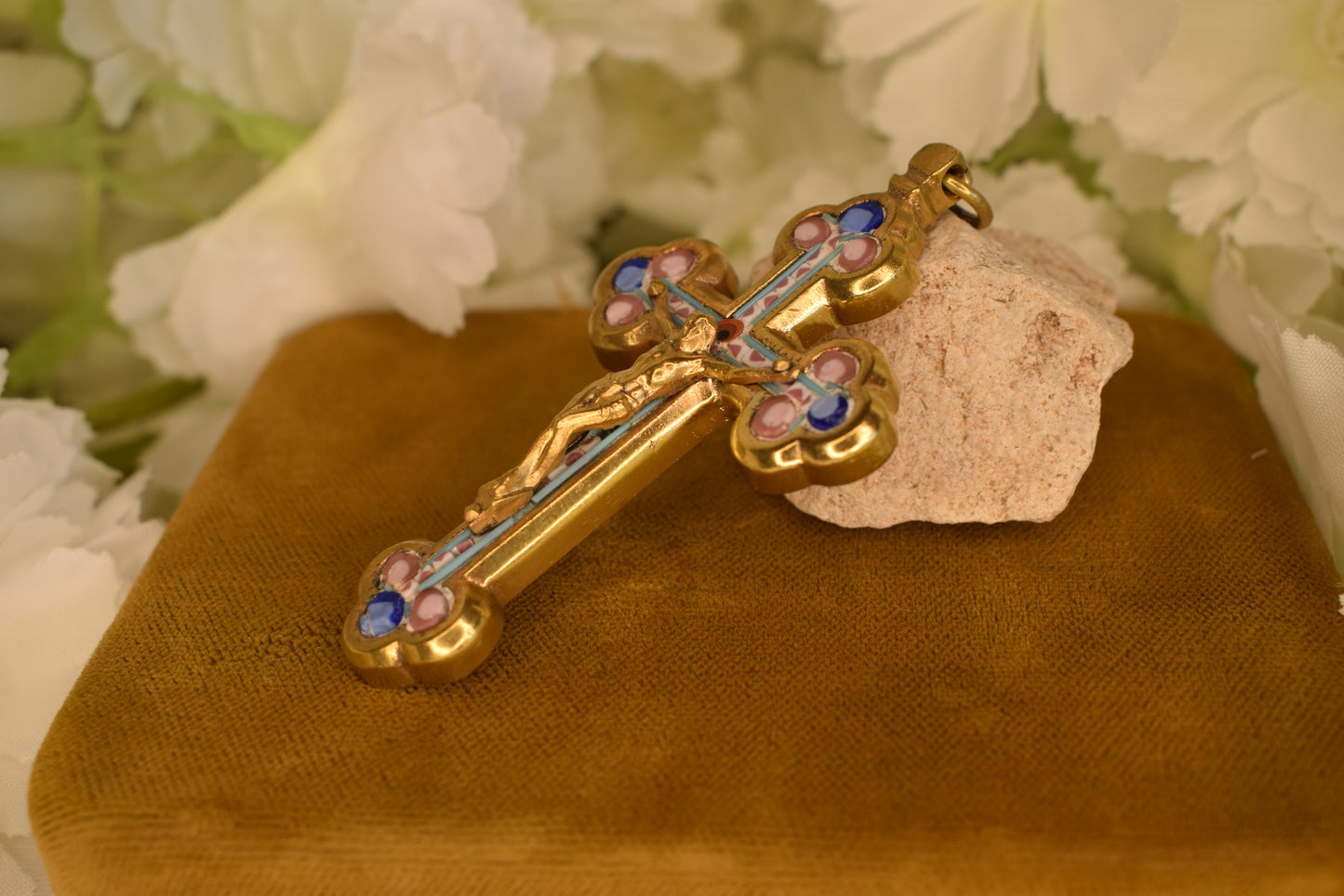 Antique Italian Pectoral Cross Micro-Ceramic Gilt Brass Crucifix Religious Antique Vatican Rome Souvenir Collectible Jewelry