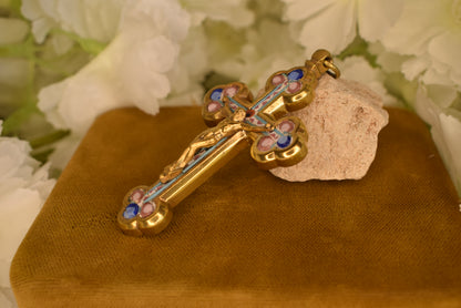 Antique Italian Pectoral Cross Micro-Ceramic Gilt Brass Crucifix Religious Antique Vatican Rome Souvenir Collectible Jewelry