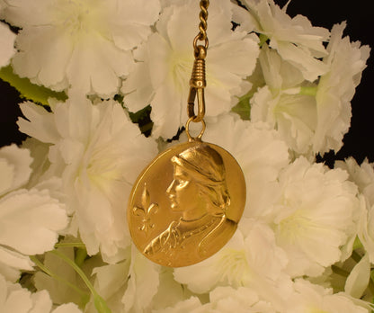 Antique Joan of Arc Medal Gilt Bronze 24K Gold Plated Pendant Art Nouveau Fleur de Lys French Equestrian Medallion Collectible