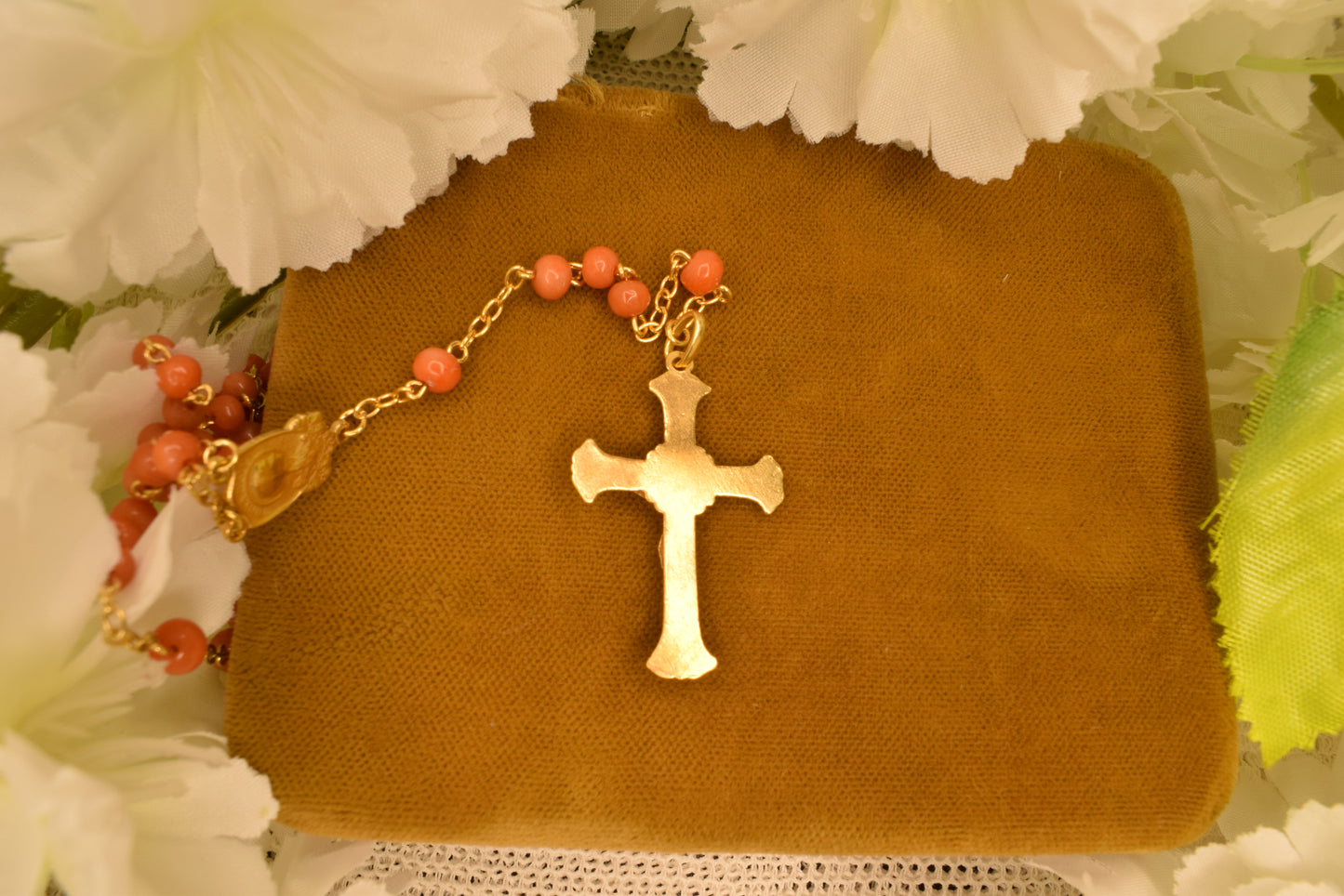 Antique Silver Vermeil Rosary Hallmarked Coral Beads - 19th Century French Religious Chapelet with Cross and Marian Medal - Antique Devotional Jewelry