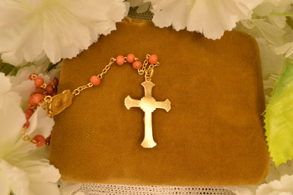 Antique Silver Vermeil Rosary Hallmarked Coral Beads - 19th Century French Religious Chapelet with Cross and Marian Medal - Antique Devotional Jewelry