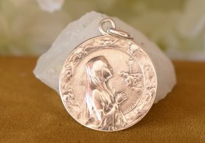 Antique French Silver Medal Praying Virgin Mary 1899 – Signed H. Dubois – Religious Pendant