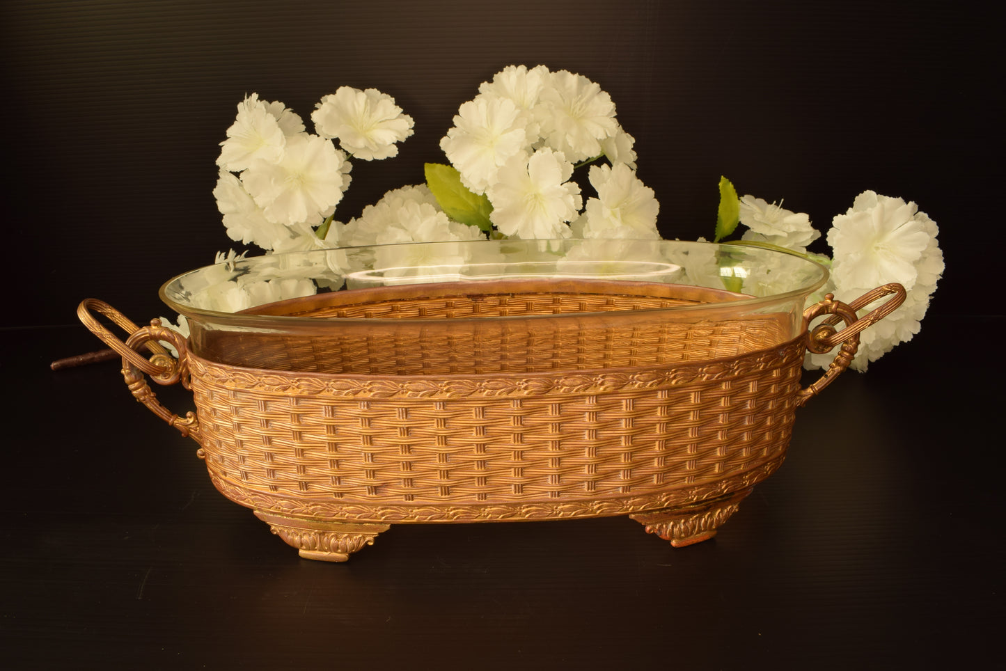 Antique Gilt Bronze Jardiniere Woven Basket Cut Glass Liner Napoleon III French Centerpiece Bowl 19th Century