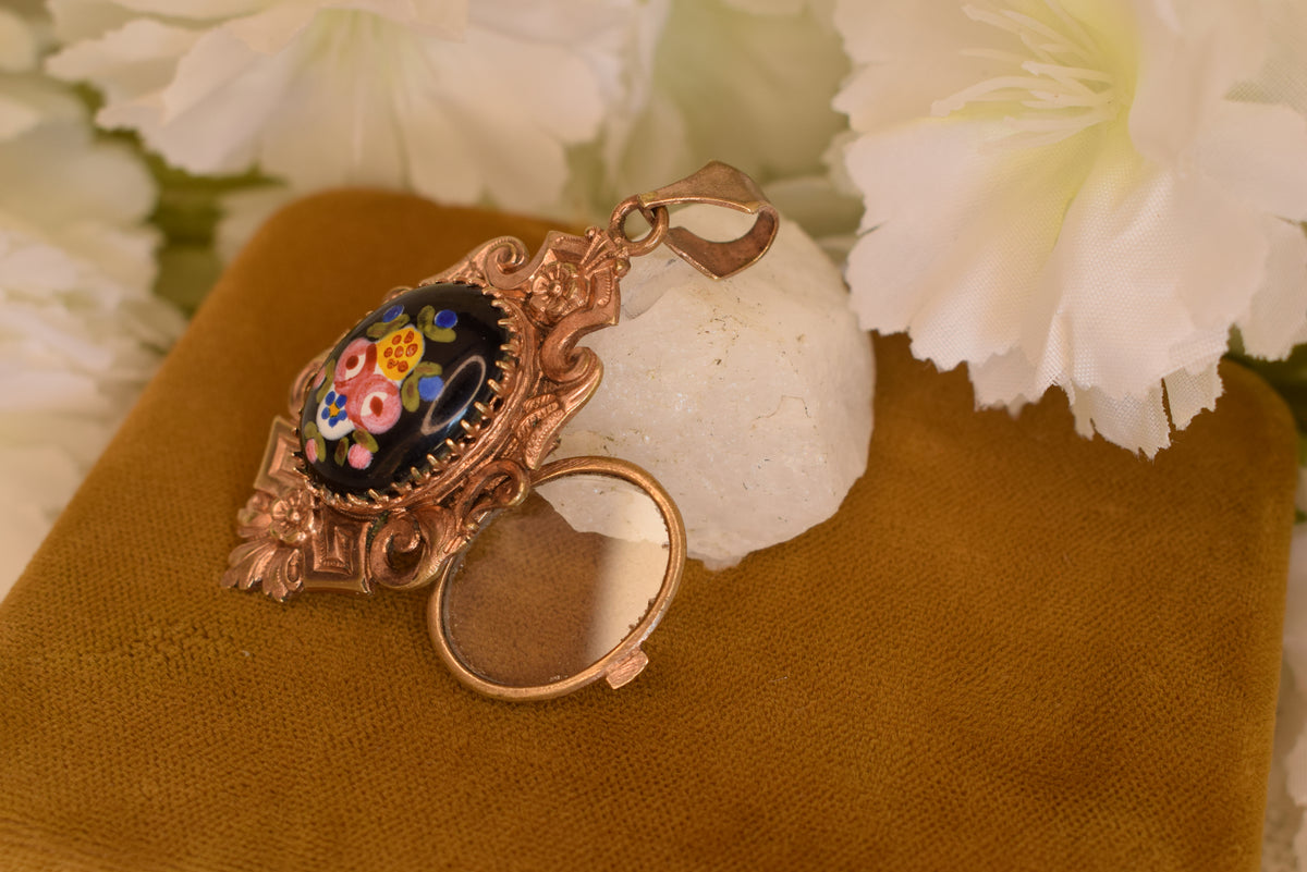 Antique Napoleon III Photo Locket Pendant Rose Gold Plated Hand-Painted Porcelain Flowers Victorian Necklace Circa 1880