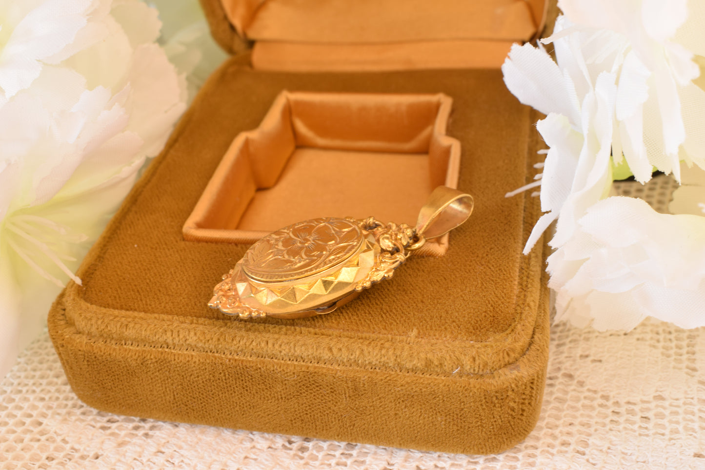Antique Victorian Style Oval Locket Pendant, Gold Plated Floral Engraved Photo Locket, Ornate Crown Bail Diamond Cut