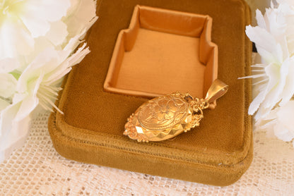 Antique Victorian Style Oval Locket Pendant, Gold Plated Floral Engraved Photo Locket, Ornate Crown Bail Diamond Cut