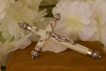 Antique 19th Century French Mother of Pearl Crucifix – Hallmarked Solid Silver Cross – Religious Pendant 92mm