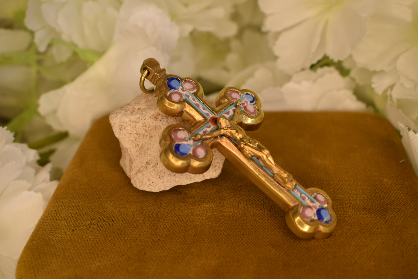 Antique Italian Pectoral Cross Micro-Ceramic Gilt Brass Crucifix Religious Antique Vatican Rome Souvenir Collectible Jewelry