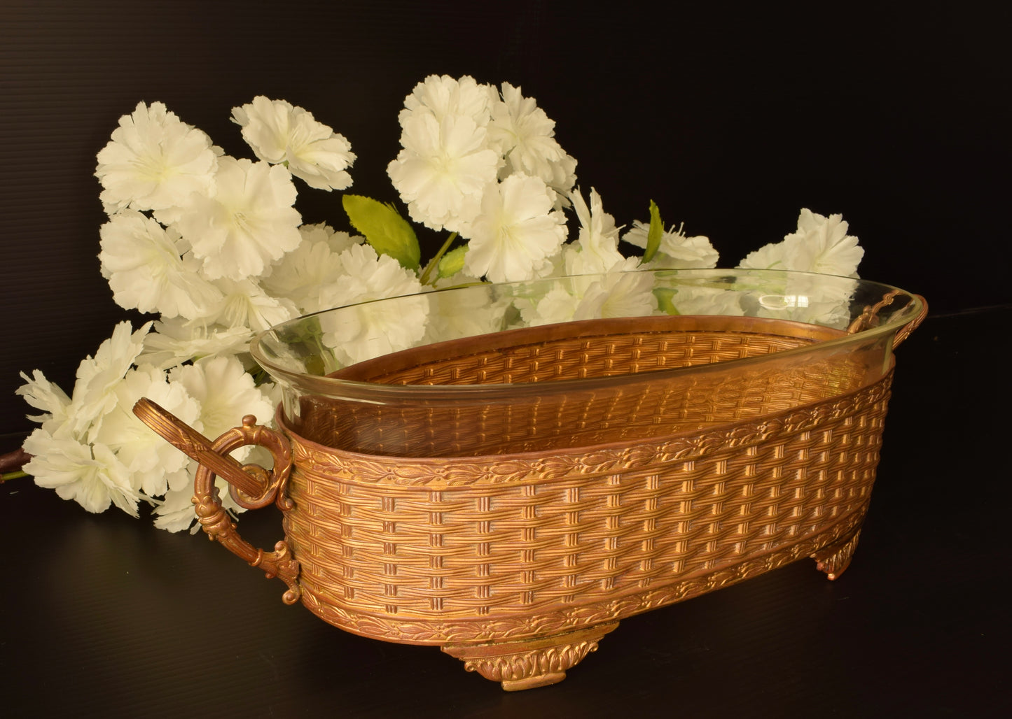 Antique Gilt Bronze Jardiniere Woven Basket Cut Glass Liner Napoleon III French Centerpiece Bowl 19th Century