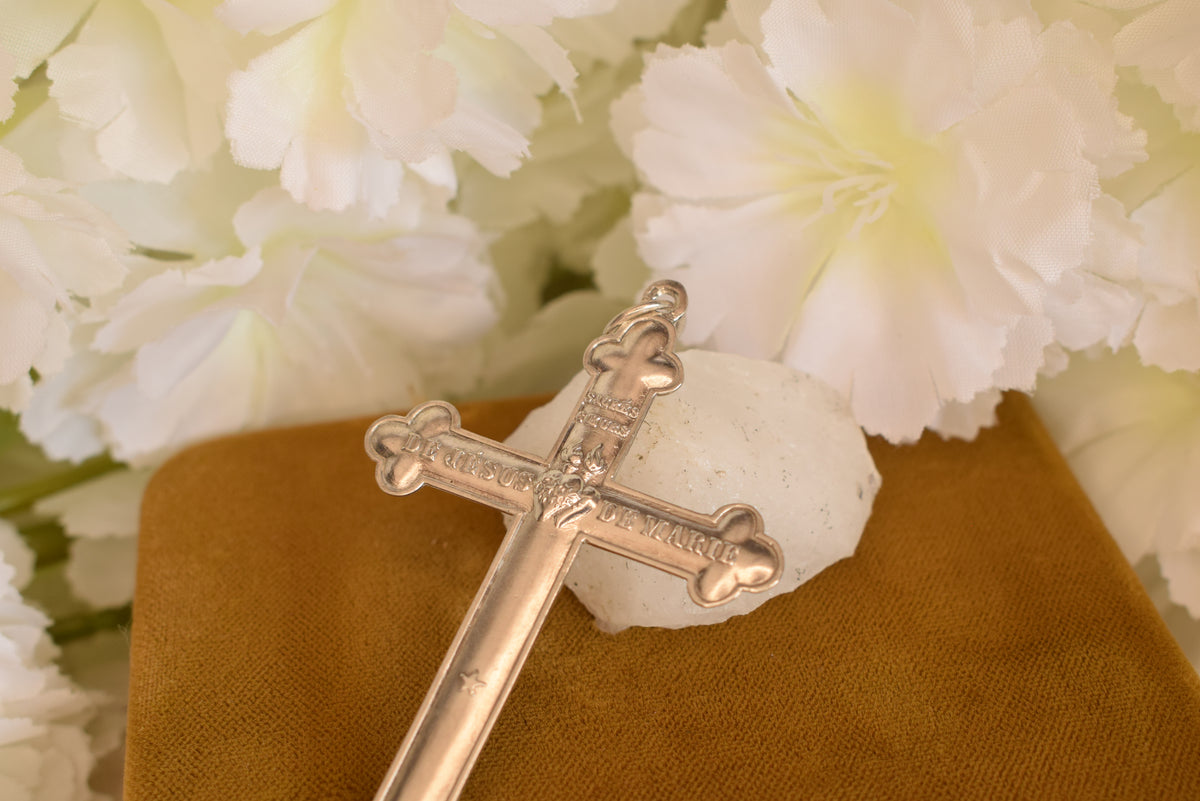Antique Solid Silver Sacred Heart Cross, French Religious Pendant, Vintage De Jésus De Marie Cross