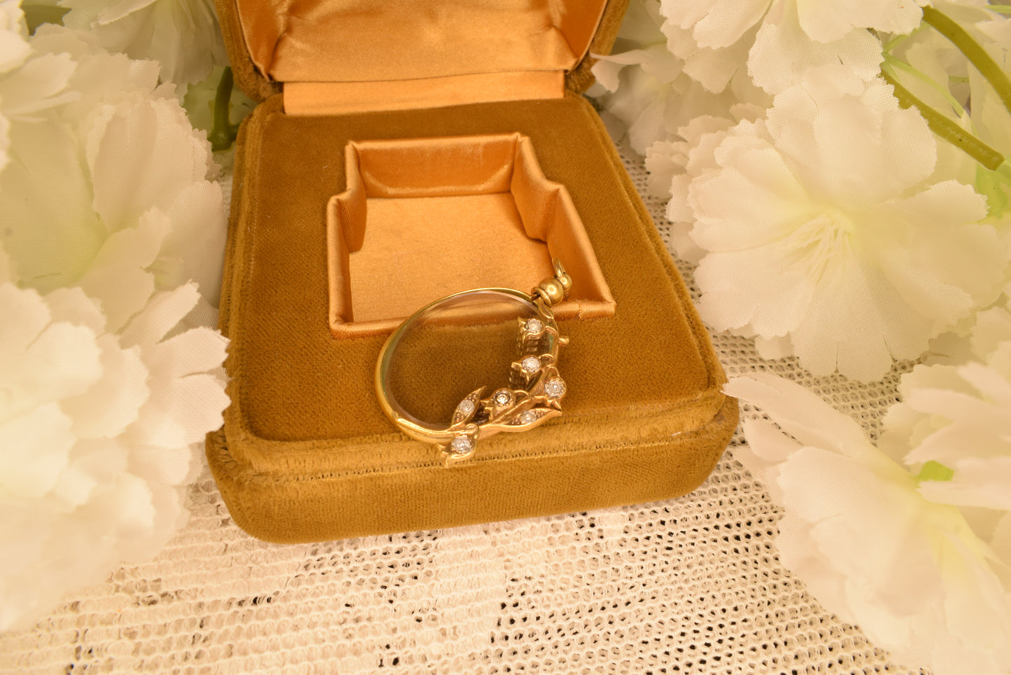 Antique Gold Plated Photo Locket Art Nouveau Lily of the Valley Circa 1900 Oval Pendant Beveled Glass Rhinestones Keepsake Jewelry