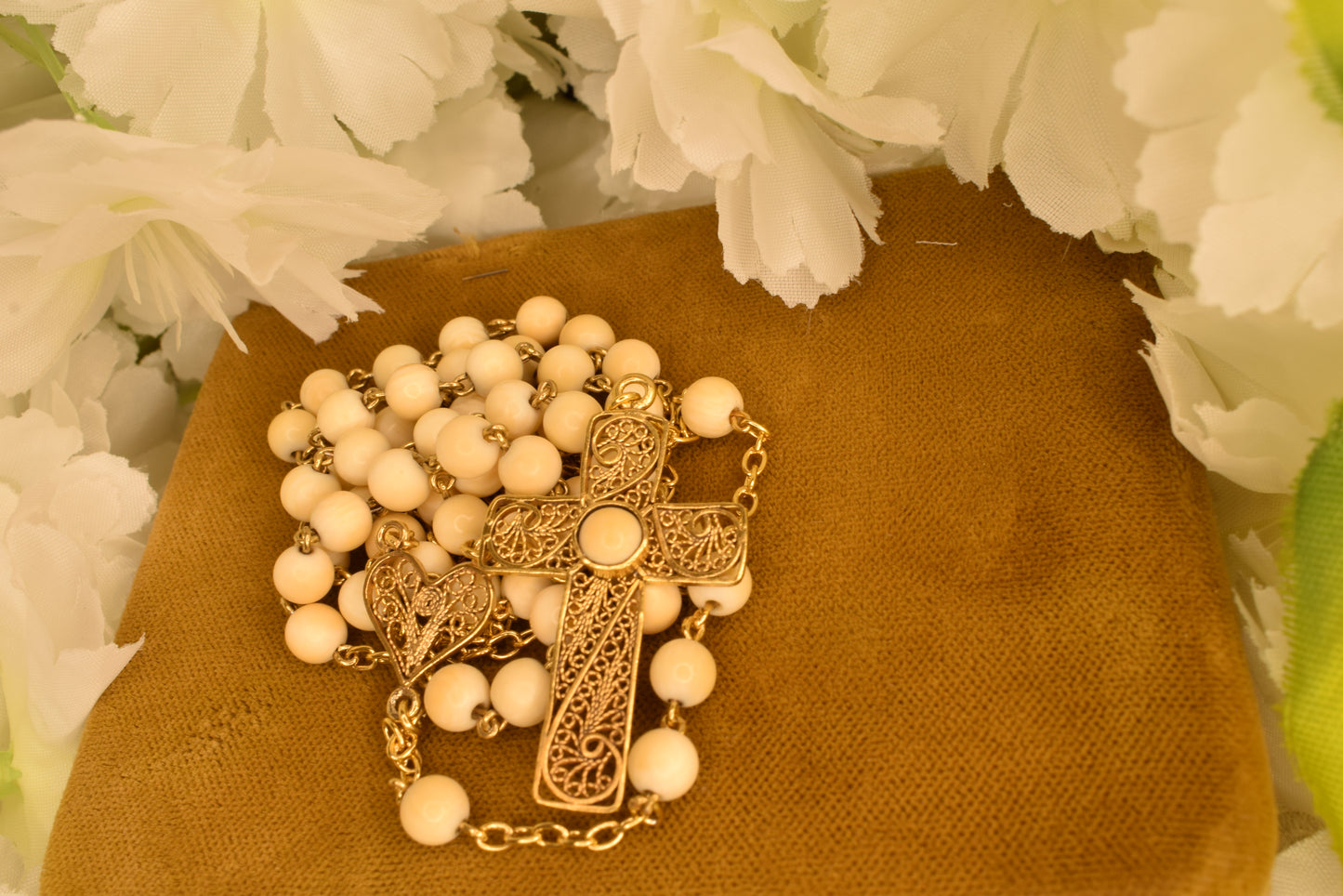 Antique 19th Century Silver Gilt Rosary, Filigree Cross & Heart, 5mm Beads, Religious Vermeil Jewelry