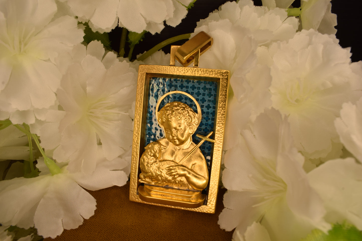 Art Deco Augis Gold Plated Religious Medal, Good Shepherd Child Jesus Lamb Pendant, French Vintage Blue Enamel, Signed Antique Jewelry
