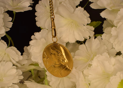 Antique Joan of Arc Medal Gilt Bronze 24K Gold Plated Pendant Art Nouveau Fleur de Lys French Equestrian Medallion Collectible