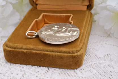 Antique Notre-Dame de la Garde Medal Signed Lasserre – Silver-Plated Bronze 40mm, French Vintage Religious Jewelry, Virgin & Child Pendant Collectible