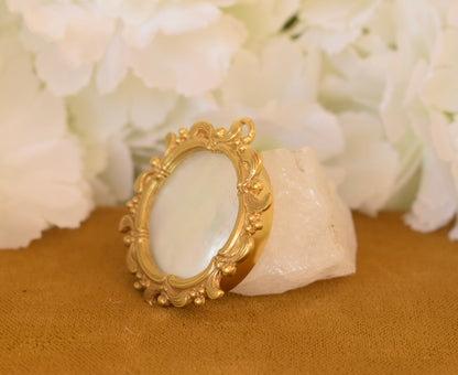 Antique ORIA Gold Filled Photo Locket – Mother of Pearl & Domed Glass – Signed French Keepsake Pendant