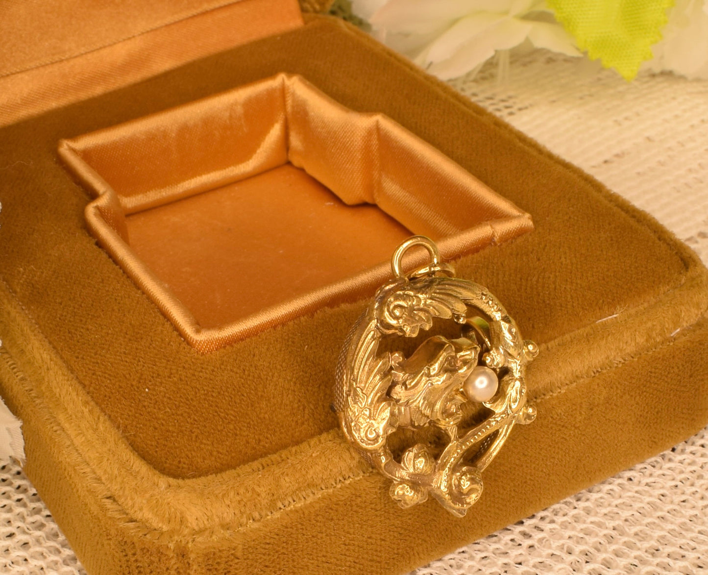 Antique Chimera Brooch Pendant, 24K Gold Plated, Pearl, Art Nouveau Style Vintage Jewelry