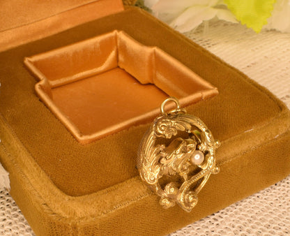 Antique Chimera Brooch Pendant, 24K Gold Plated, Pearl, Art Nouveau Style Vintage Jewelry