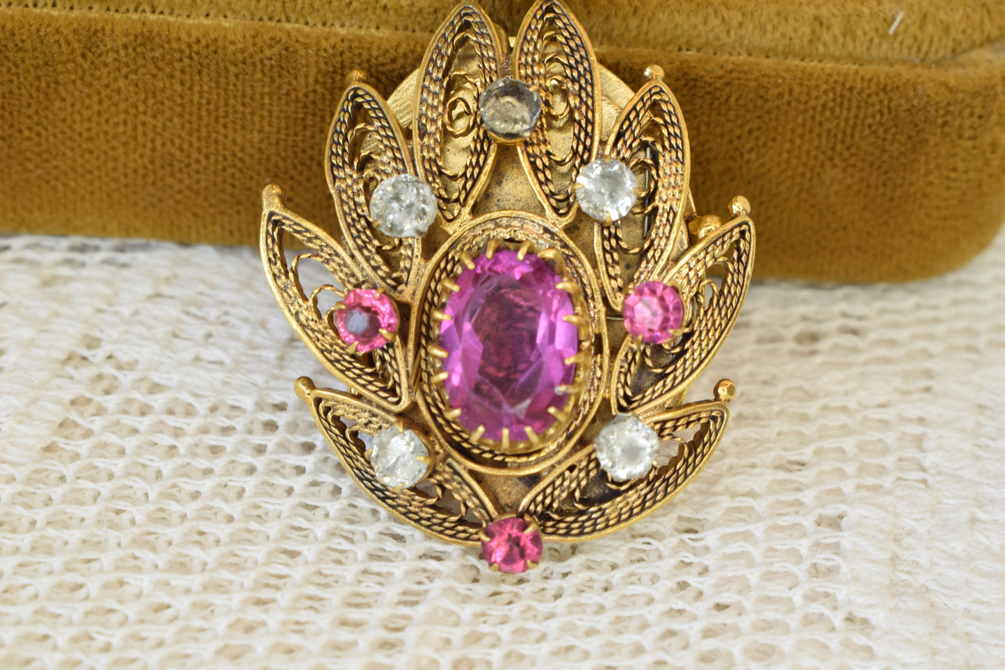 Antique 19th Century Gold Plated Filigree Pendant Brooch, Cannetille Lotus Design, Pink Faceted Glass Paste, Convertible Locket, Victorian Jewelry