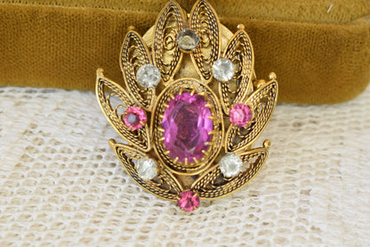 Antique 19th Century Gold Plated Filigree Pendant Brooch, Cannetille Lotus Design, Pink Faceted Glass Paste, Convertible Locket, Victorian Jewelry